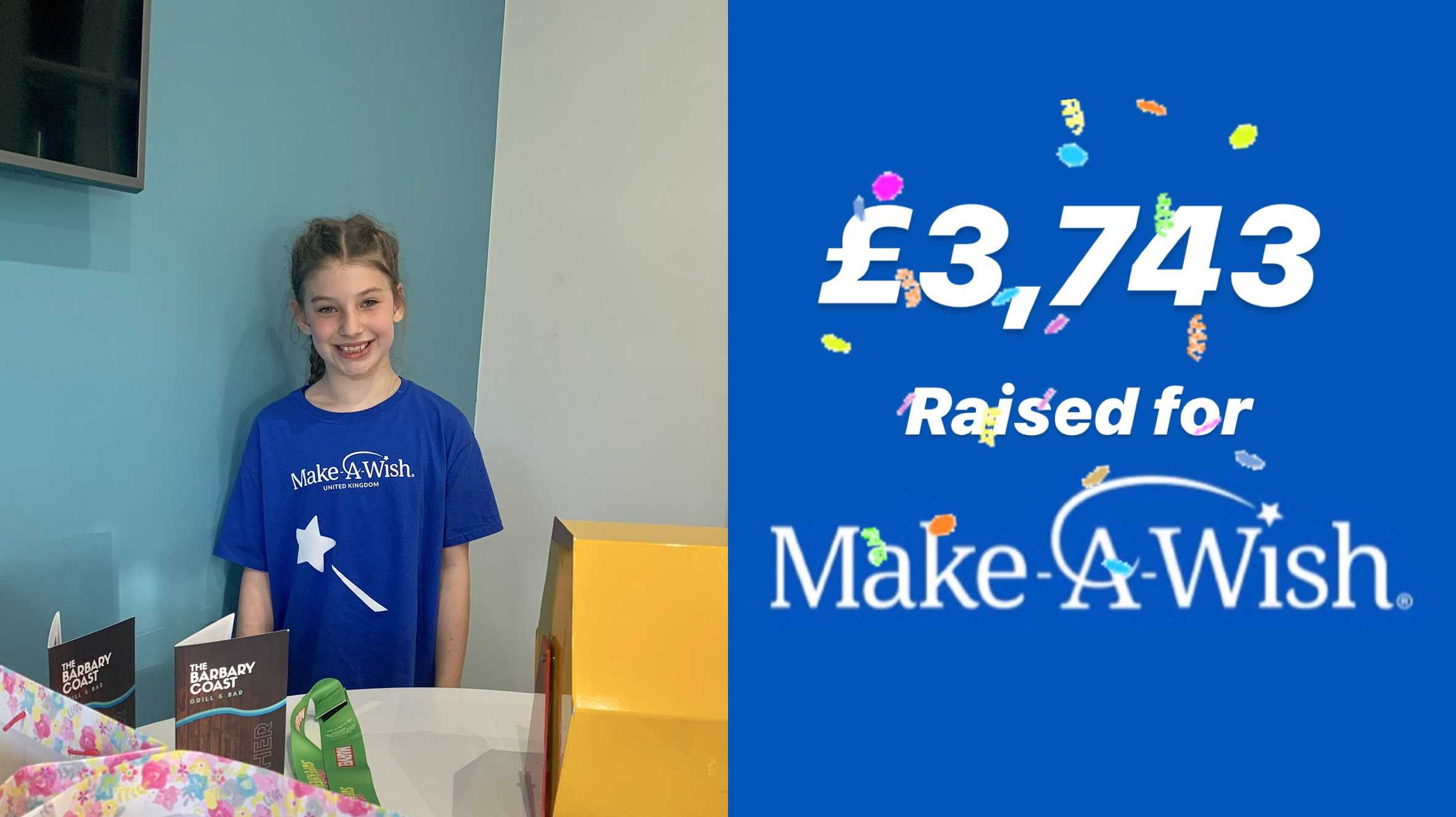 Wish child Chloe, wearing her Make-A-Wish t-shirt and displaying the total raised by her fundraising of £3,743.