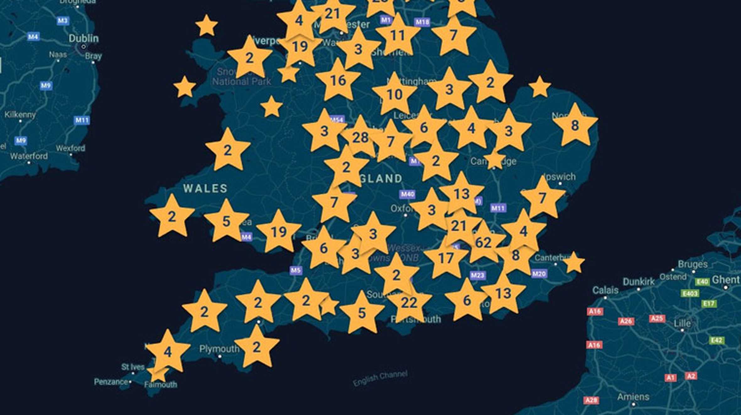 A zoomed in view of the wish map, centred on the south of England.